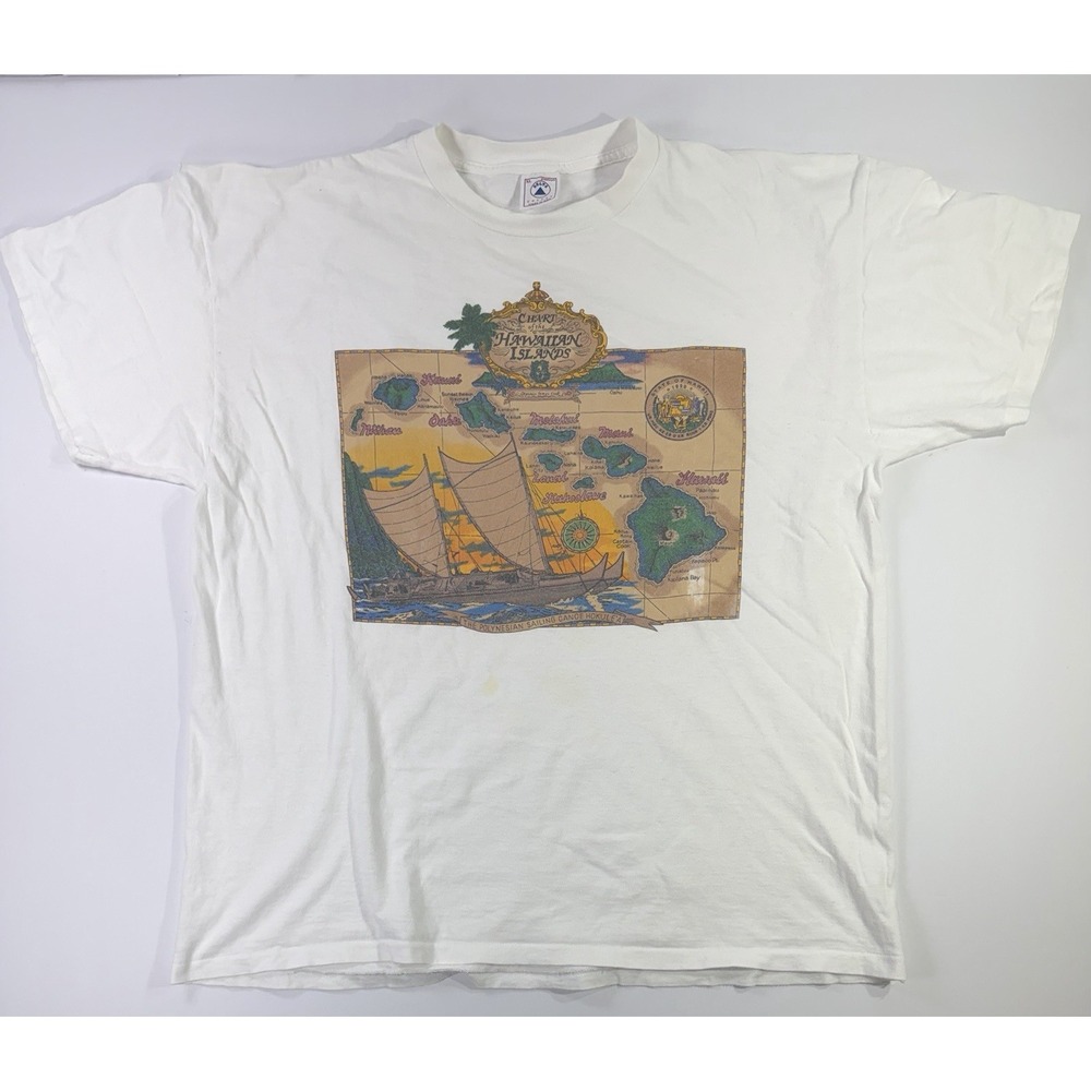 Vintage 90s Hawaii Map T Shirt Mens XL Delta Polynesian Canoe Hokulea